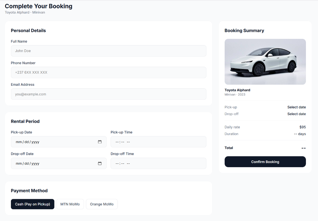 Booking form with personal details, date picker, and payment method selection