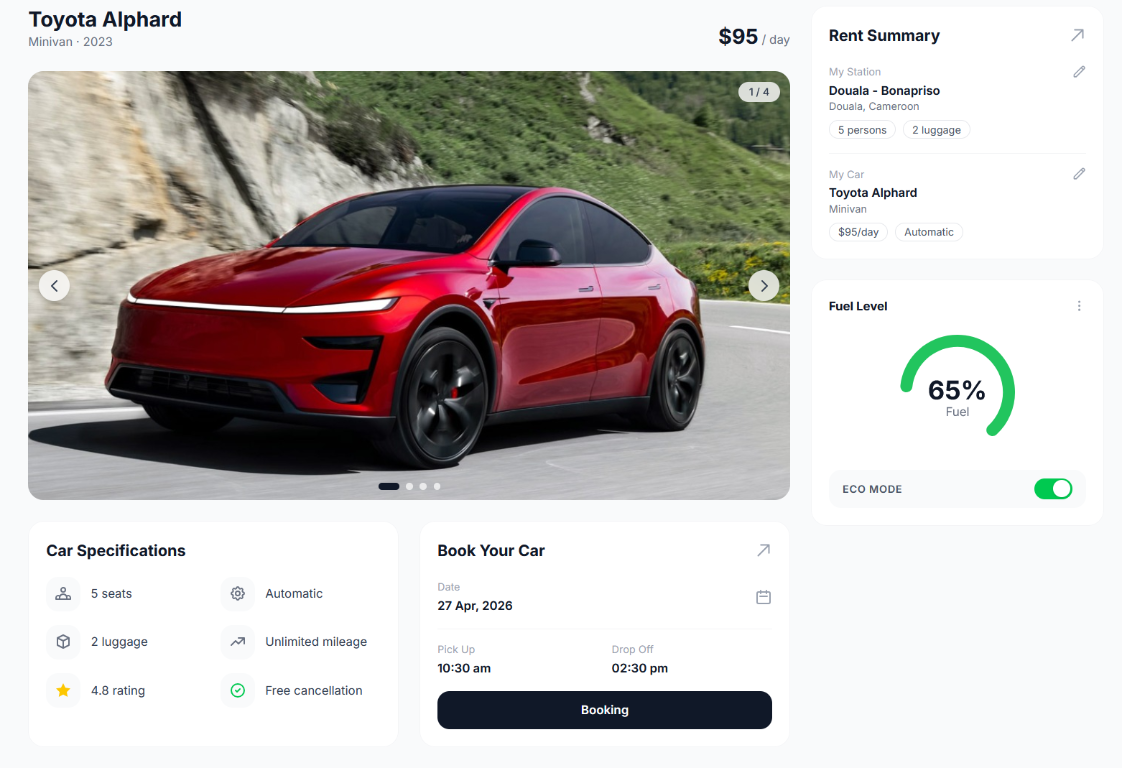 Vehicle detail page with image carousel, specifications, and booking widget