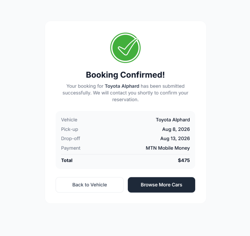 Booking confirmed page with vehicle, dates, payment and total summary